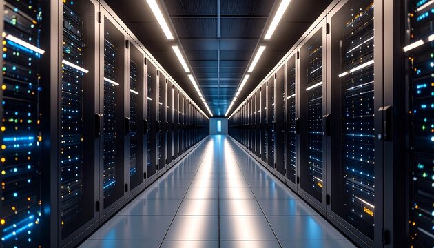 Server room interior, illuminated walkway