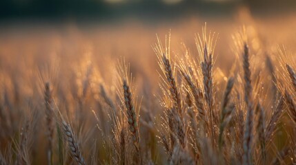 Fototapeta premium Close-up of a field of tall, golden wheat plants. the plants are swaying in the wind, creating a sense of movement and energy.
