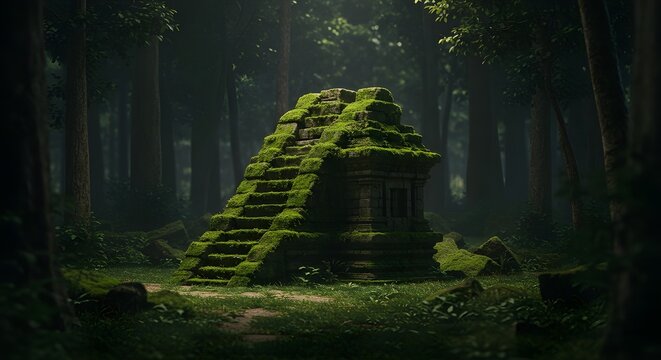 A single weathered candi stone structure partially covered in moss, located in a lush forest,