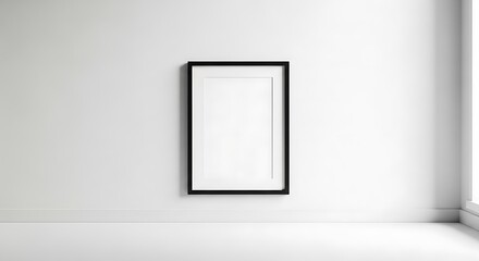 Minimalist interior with black frame mockup on white wall provides clean aesthetic and versatile