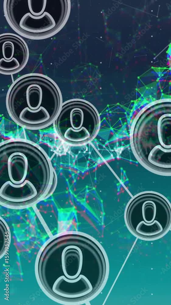 Poster Network of connected user icons and data processing animation over abstract background
