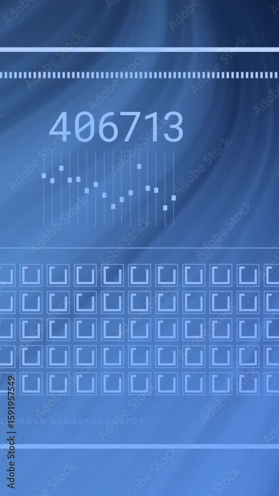 Poster data processing animation over blue abstract background with numbers and charts