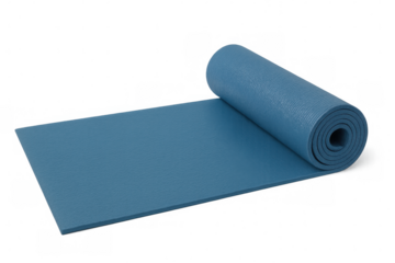 Blue yoga mat partially rolled up, isolated on transparent background, ready for fitness exercises