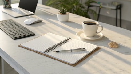 Work from home aesthetic with coffee, notebook, and laptop on a bright and modern desk setting with...