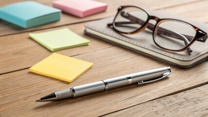 Fototapeta premium Office desk scene featuring a notebook, pen, glasses, and colorful sticky notes for planning and productivity.