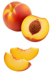 A whole ripe peach, a half peach with golden-yellow juicy flesh and pit, and a thin slice, on a pristine clean white background with soft shadows, ultra photorealistic studio still life for food