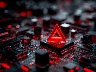 Futuristic red holographic triangle symbol on a high-tech circuit board