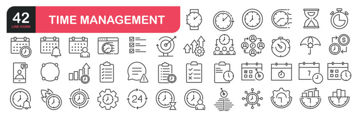 Set of line icons related to time management, business, . Outline icons collection. Editable stroke. Vector illustration