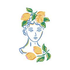 Classical bust of a woman adorned with lemons and leaves. Female sculpture with fresh citrus. Vector clip art isolated on white background. Design for poster, greeting card, wedding invitation.