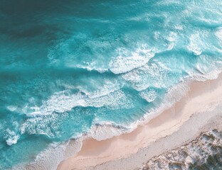 High-angle view of turquoise waves lapping a sandy beach