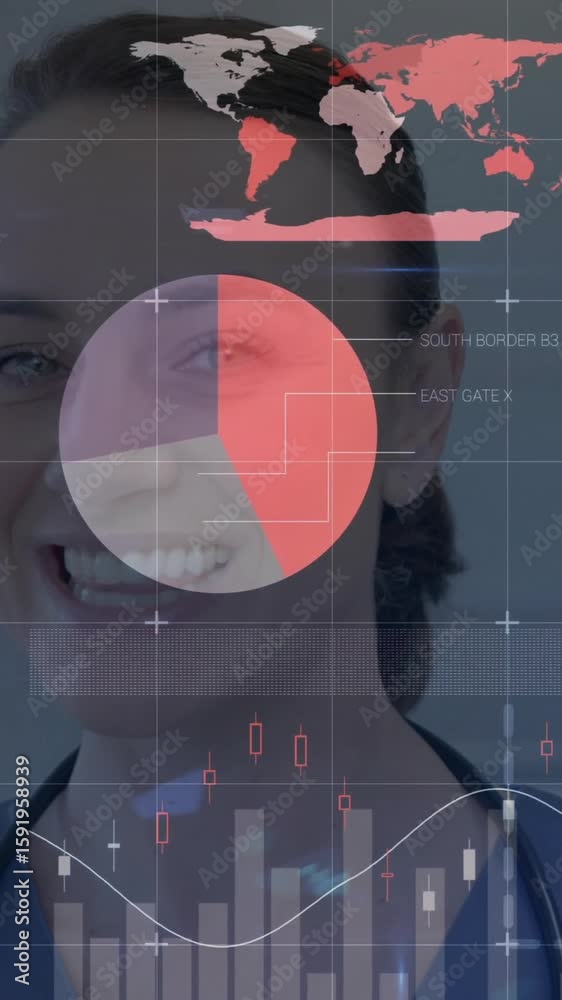 Poster data visualization animation over smiling woman with global testing statistics
