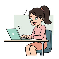 Animated girl at laptop typing at desk eyes wide wearing pink topskirt brown hair in ponytail seated in blue chair surprise