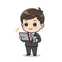Cartoon businessman with tablet and coffee