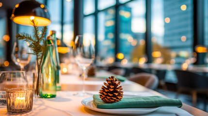 Cozy holiday table setup with pinecone centerpiece in a warmly lit restaurant