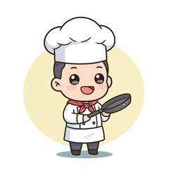 A cartoon chef smiles holding a frying pan wearing traditional chef attire against a light yellow background