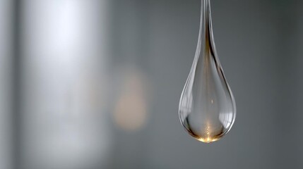Close-up of a single drop of water hanging from a wire. the drop is made of transparent glass and has a smooth, shiny surface.