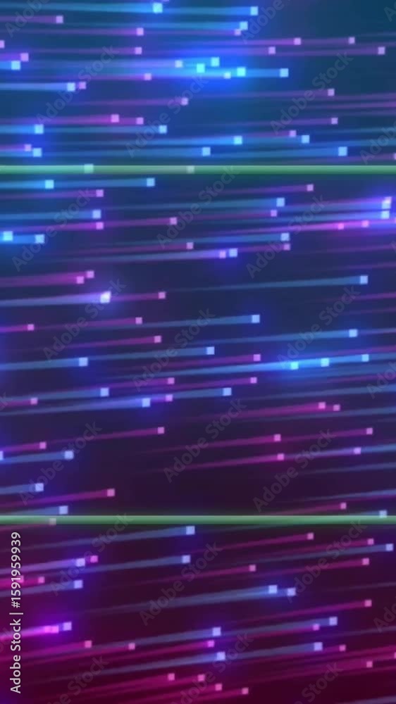 Poster neon lines and glowing particles animation with green rectangular frame