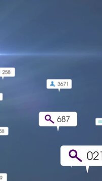 Search and user count icons animation over blue background with light flares