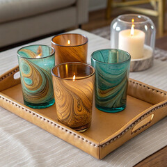 Swirled Hand-Blown Glass Votive Candle Holders on Leather Tray with Lit Candle

