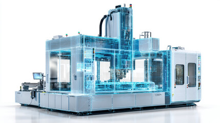 digital of industrial machine, holographic overlay with real-time data, tech-mechanical fusion. Production machine for manufacture products extrusion technology. 3d illustration. isolated on white.
