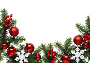 Lush green fir branches with red matte & glossy baubles, delicate white snowflake ornaments, & red holly berries, forming a festive border on a transparent background with ample copy space.