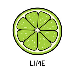 Minimal flat doodle vector illustration of a lime slice with handwritten label
