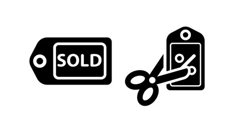 Sold Tag Icon:  Black and White Minimalist Style,  Discount Coupon Cut with Scissors.
