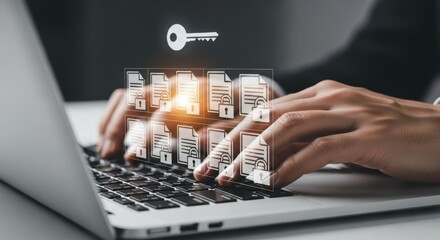 Person typing on laptop with digital files and key icon overlay technology data security