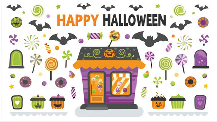 Fototapeta premium A happy halloween scene with candy store, bats, sweets, lollipops, cupcakes and other halloween elements