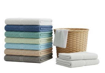 High-angle, ultra realistic product photo: white, blue, sage, beige gradient towels in rustic wicker basket, folded white towel on transparent background, copy space, soft natural light Concept of