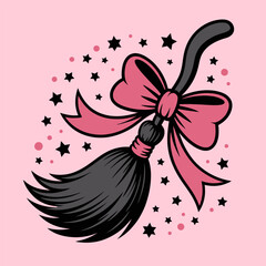 Cute Witch Broom with Pink Bow and Stars Illustration