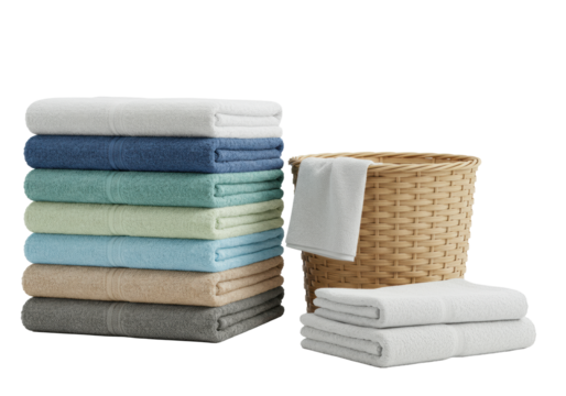 High-angle, ultra realistic product photo: white, blue, sage, beige gradient towels in rustic wicker basket, folded white towel on transparent background, copy space, soft natural light Concept of