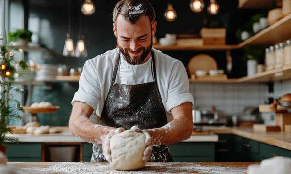 Artisan baker kneads dough in cozy kitchen with wooden countertops and soft lighting