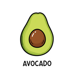 Minimal flat doodle vector illustration of an avocado with handwritten label
