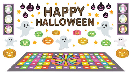 Happy halloween scene with ghosts pumpkins stars disco lights and a colorful dance floor design decorates