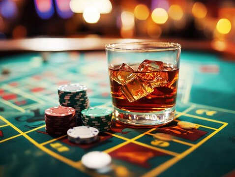 Whiskey sits in a glass with ice cubes beside stacked poker chips on a felt roulette table. The vibrant lights of the casino create a lively atmosphere for players enjoying their night.
