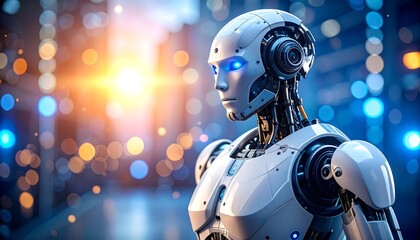 Futuristic robot, city lights background
