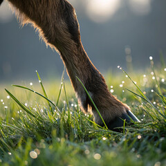Close-Up of Horse Leg and Hoof Grazing on Dewy Grass at Sunrise

