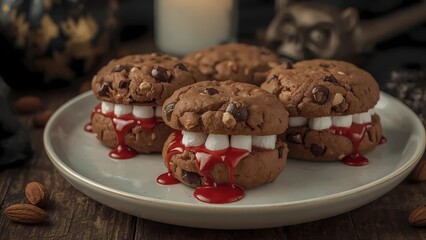 Delicious Halloween chocolate chip cookies resemble monster mouths with marshmallow teeth and dripping red syrup on a ceramic plate