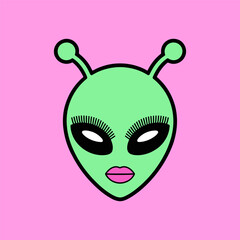 Cute Green Alien Girl Face with Pink Lips Illustration