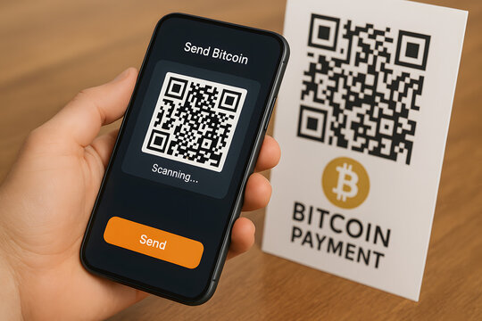 Bitcoin Payment: A person's hand scans a QR code with a mobile phone for a Bitcoin payment, symbolizing digital transactions and modern finance.