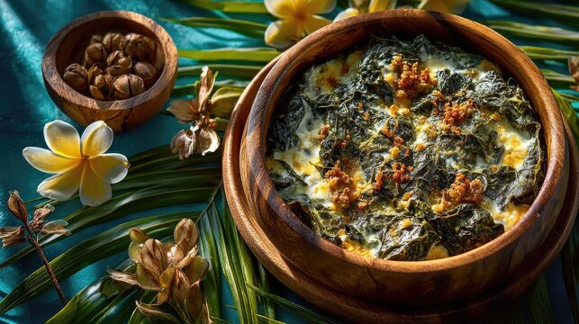 Kiribati dish Palusami Taro leaves baked with coconut cream often containing fish or meat