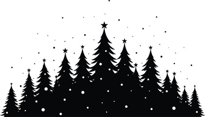 Obraz premium Silhouette of christmas trees with stars and falling snow against a white background in winter season