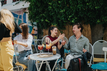A lively scene featuring friends sharing moments at a sunny cafe while enjoying beverages.