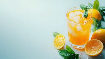 Fototapeta premium Overhead shot of a glass filled with iced lemon tea garnished with lemon slices and mint leaves placed on a clean white background
