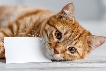 Naklejka premium Ginger Tabby Cat Lying On A White Table, One Paw Resting Over A Completely Blank Card With Rounded Corners. The Card Is Horizontal With Plenty Of Copy Space, Placed Directly In Front Of The Cat. T