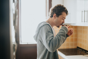 A young man savors his hot drink in a modern kitchen illuminated by warm sunlight, evoking...