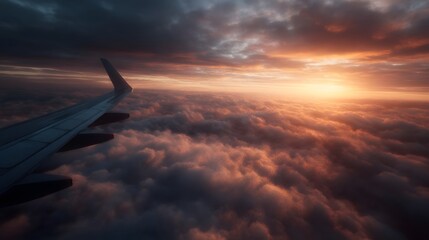 Fototapeta premium Airplane wing above a sea of clouds at sunset