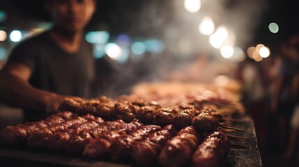 Grilled street food sizzling at a lively night market