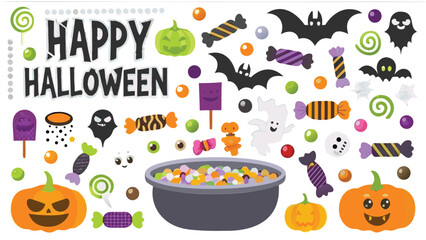 Happy halloween illustration with pumpkins, bats, ghosts, candy and a cauldron of treats